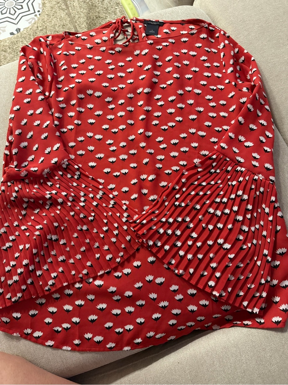 Ann Taylor Red Printed Blouse with Pleated Bell Sleeves